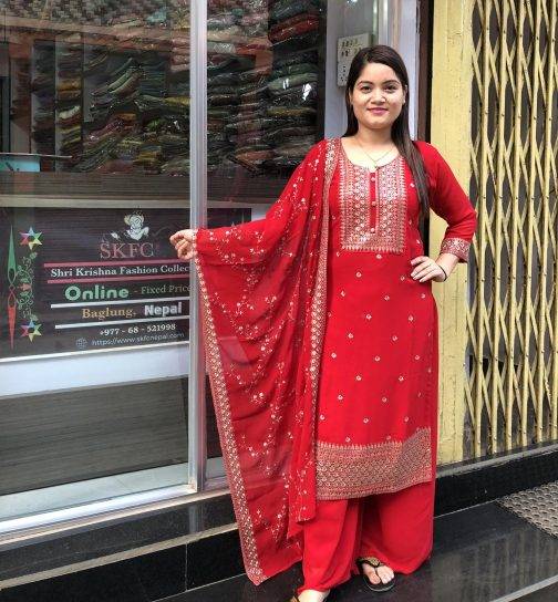 Red Georgette Kurti Palazzo and Dupatta set